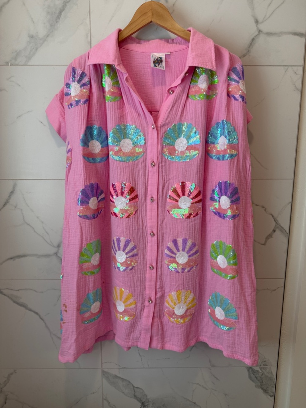 QOS Pink Sequin Shell Button-Up Shirt Dress